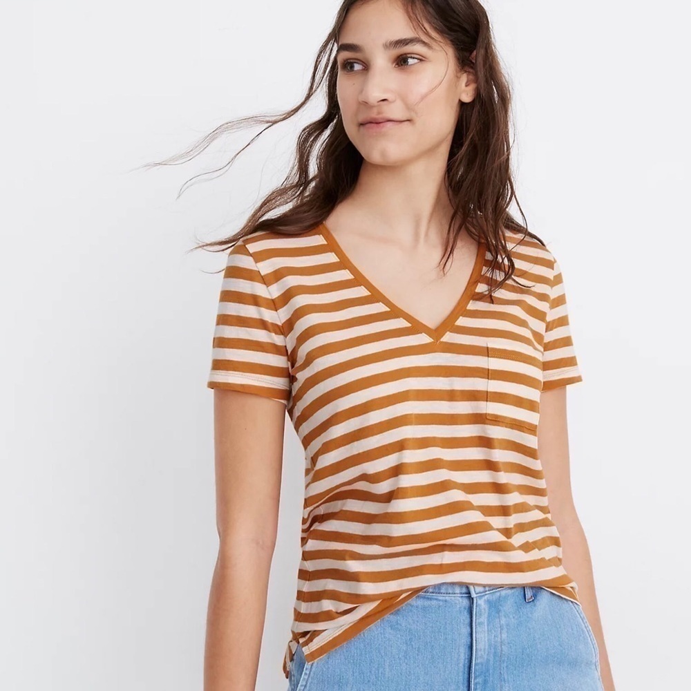 New! Madewell Whisper Cotton V-Neck Pocket Tee Richie Stripe Top